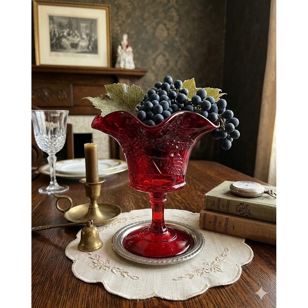 Vintage Ruby Red Glass Compote Ruffled Grape Leaf Embossed Pedestal Candy Dish